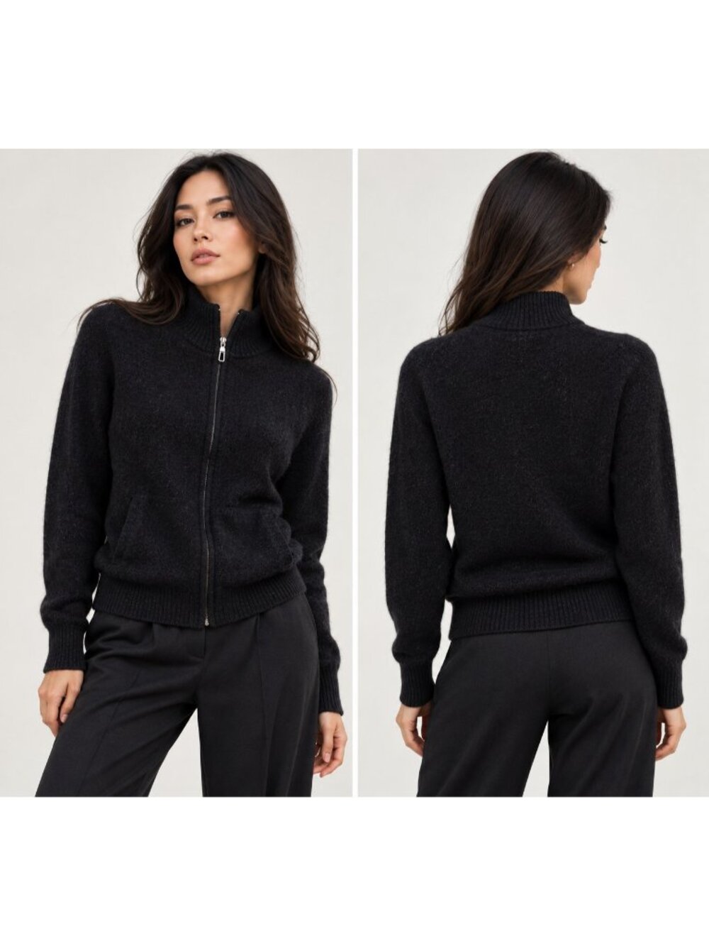 Qi Cashmere 100% Cashmere Full Zip Cardigan Sweater Black Size M